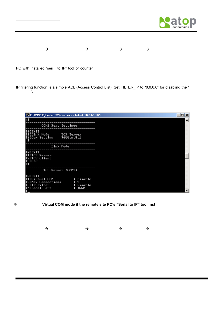 7 tcp server for link mode, 8 tcp client for link mode | Atop Technology SE5404D User manual User Manual | Page 23 / 97