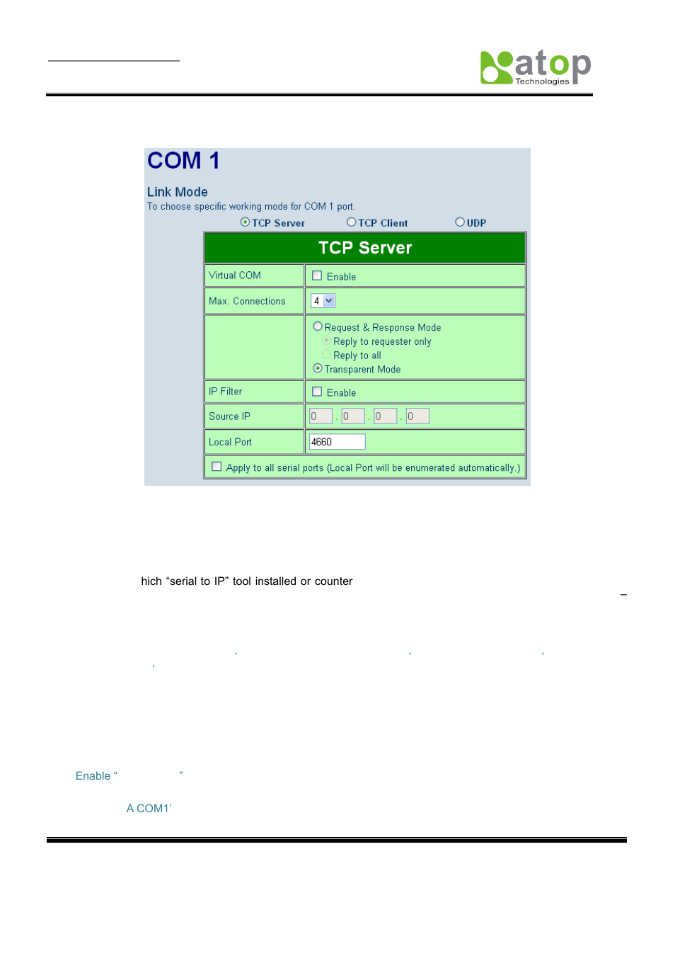 Onfiguration, 1 tcp server for link mode, 4 com port configuration | Atop Technology SE5404D User manual User Manual | Page 37 / 97