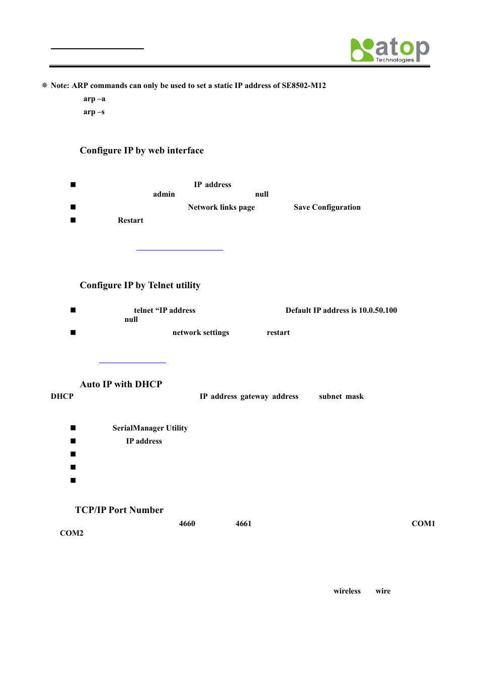 Configure ip by web interface, Configure ip by telnet utility, Auto ip with dhcp | Tcp/ip port number, Tcp/ip, Umber | Atop Technology SE8502-M12 User Manual User Manual | Page 11 / 62
