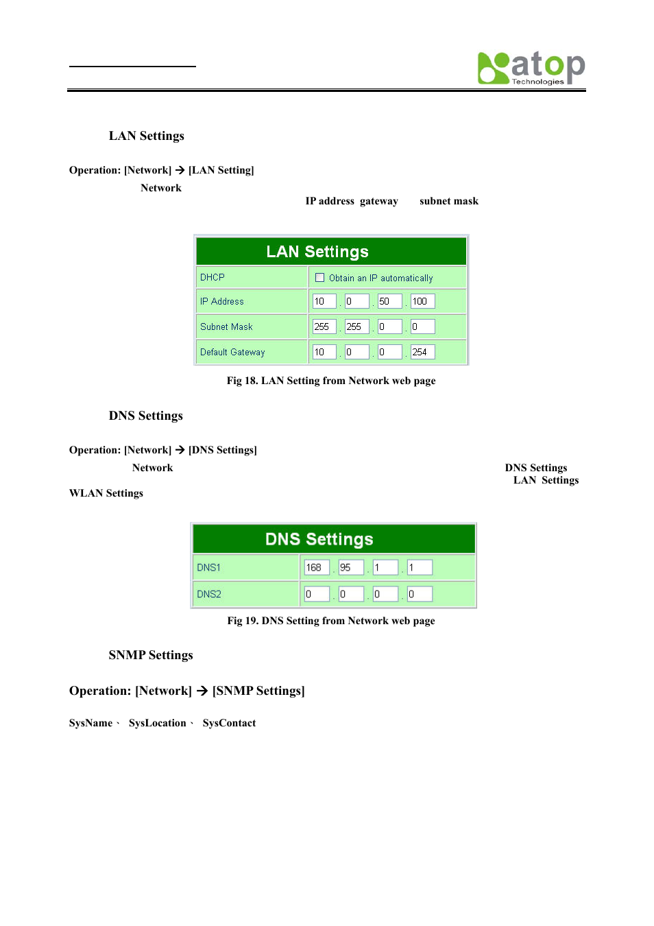 Lan settings, Dns settings, Snmp settings | Atop Technology SE8502-M12 User Manual User Manual | Page 19 / 62