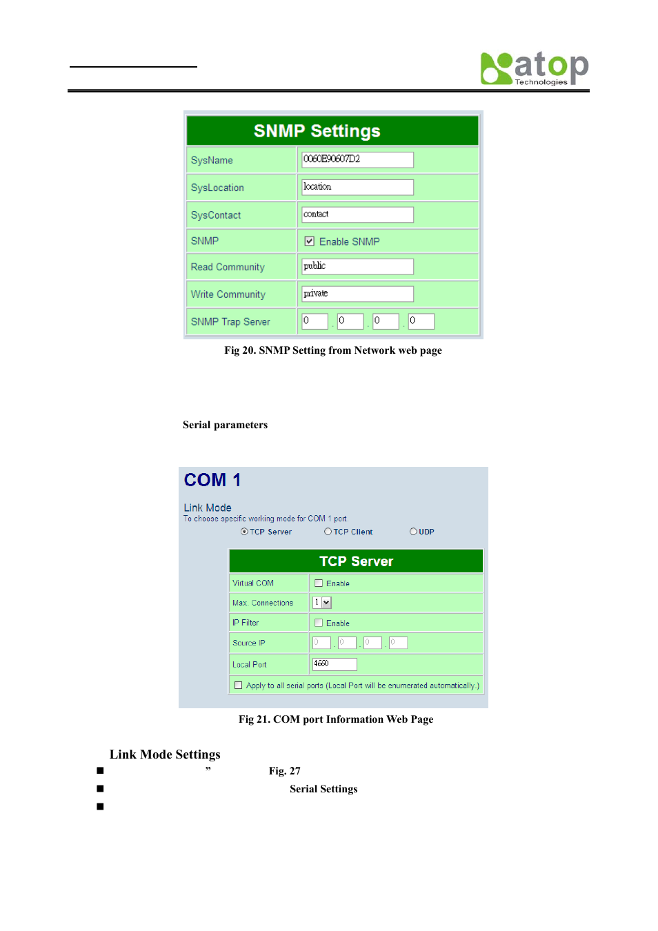 Com port configuration, Link mode settings, Onfiguration | Atop Technology SE8502-M12 User Manual User Manual | Page 20 / 62