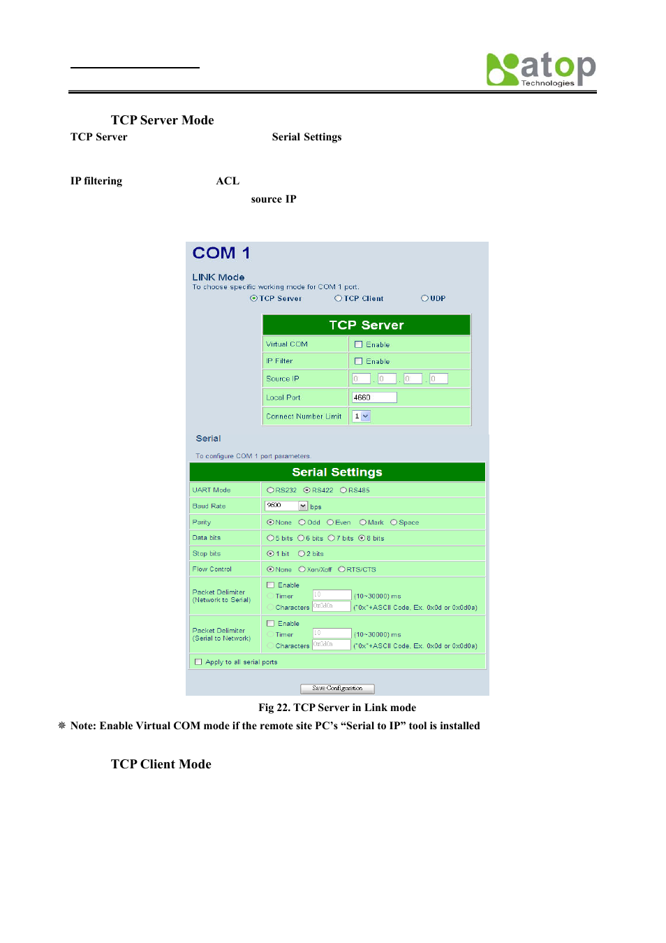 Tcp server mode, Tcp client mode | Atop Technology SE8502-M12 User Manual User Manual | Page 21 / 62