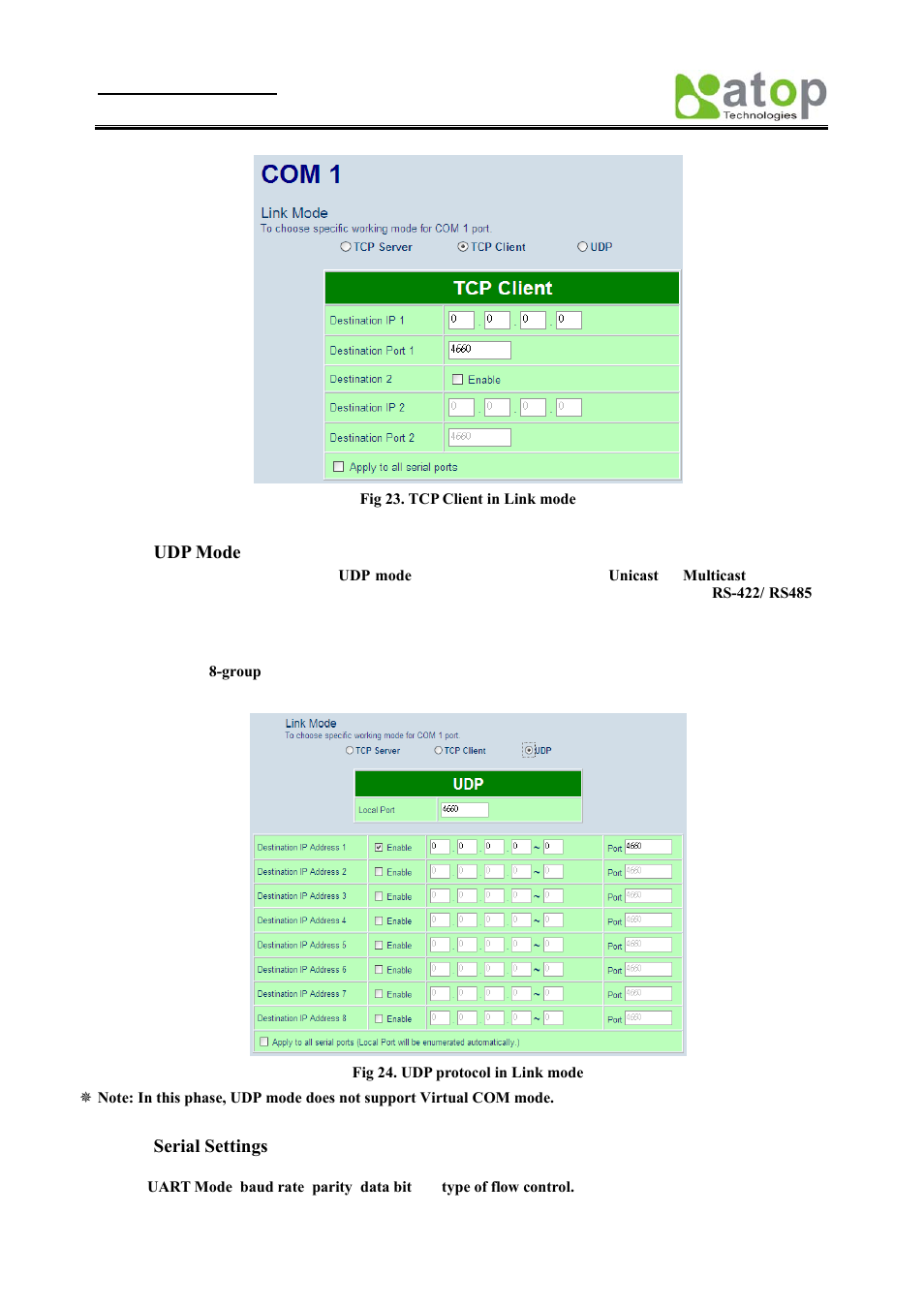 Udp mode, Serial settings | Atop Technology SE8502-M12 User Manual User Manual | Page 22 / 62