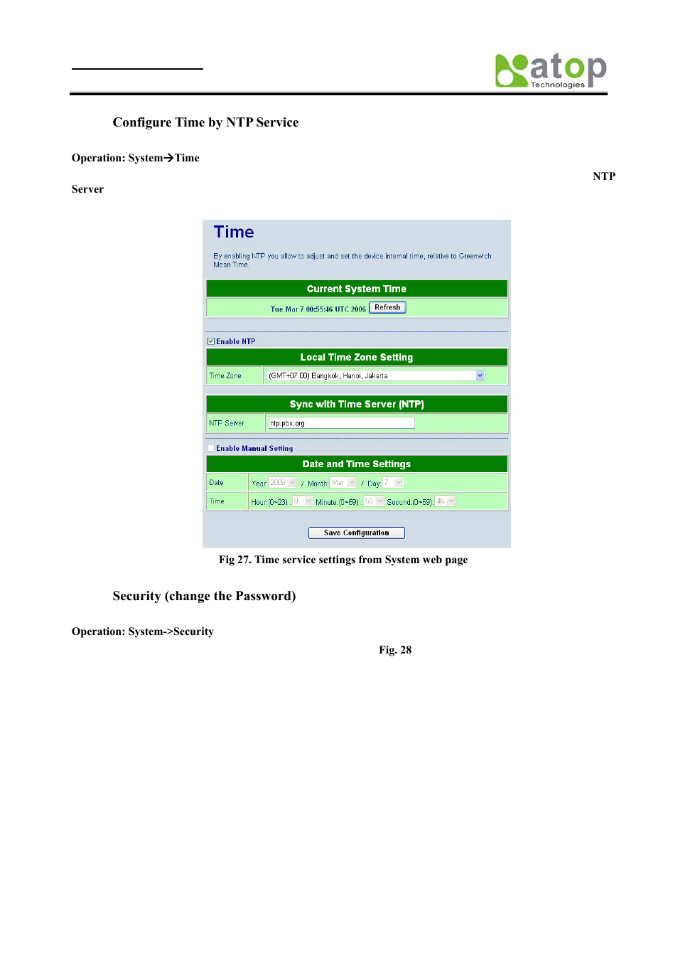 Configure time by ntp service, Security (change the password) | Atop Technology SE8502-M12 User Manual User Manual | Page 24 / 62