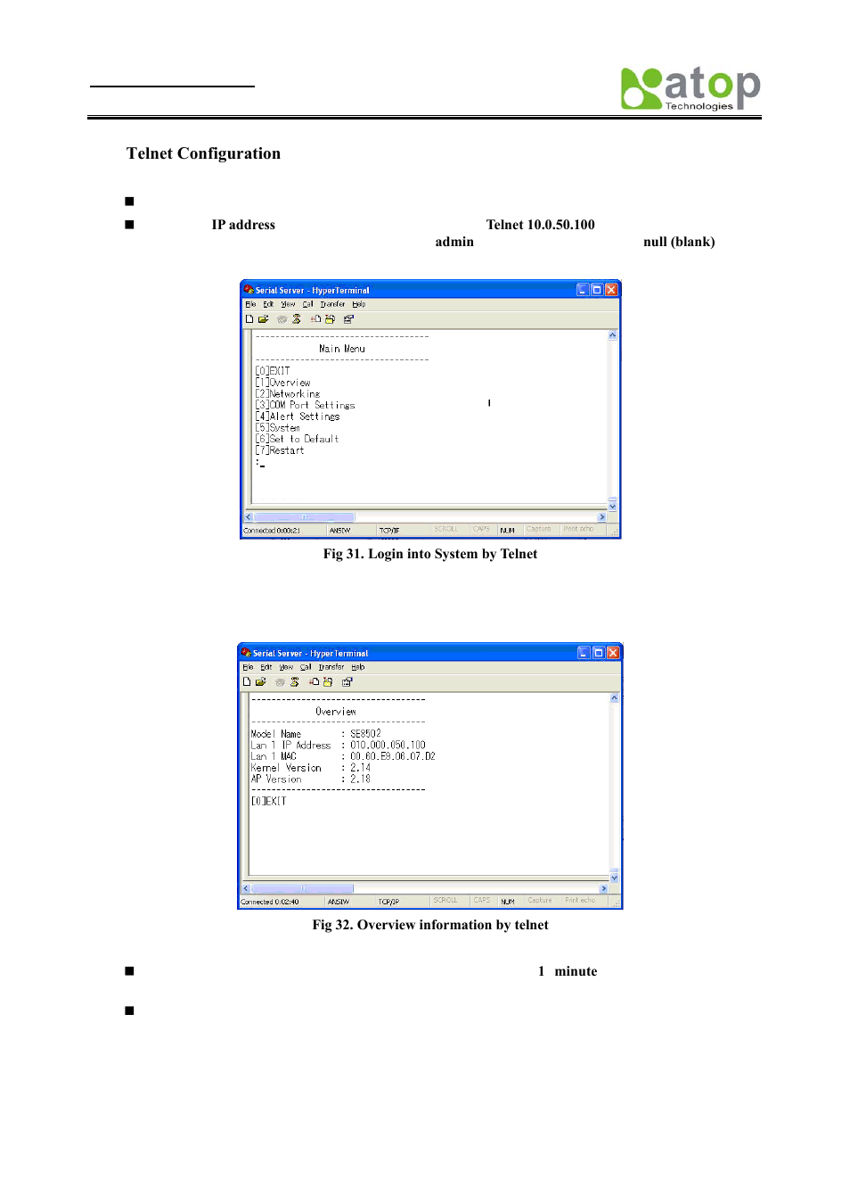 Telnet configuration | Atop Technology SE8502-M12 User Manual User Manual | Page 26 / 62