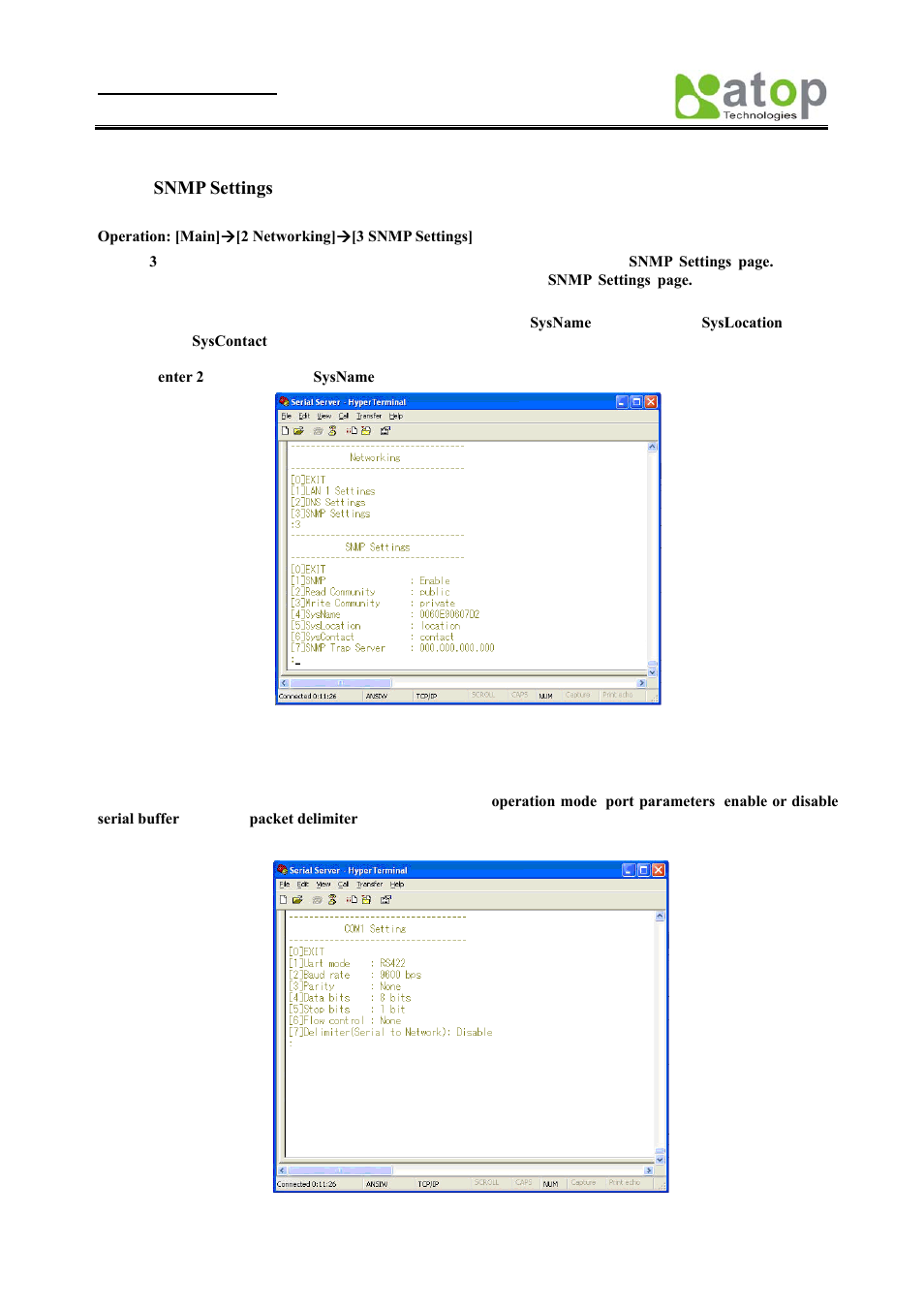 Snmp settings, Com port configuration, Onfiguration | Atop Technology SE8502-M12 User Manual User Manual | Page 30 / 62