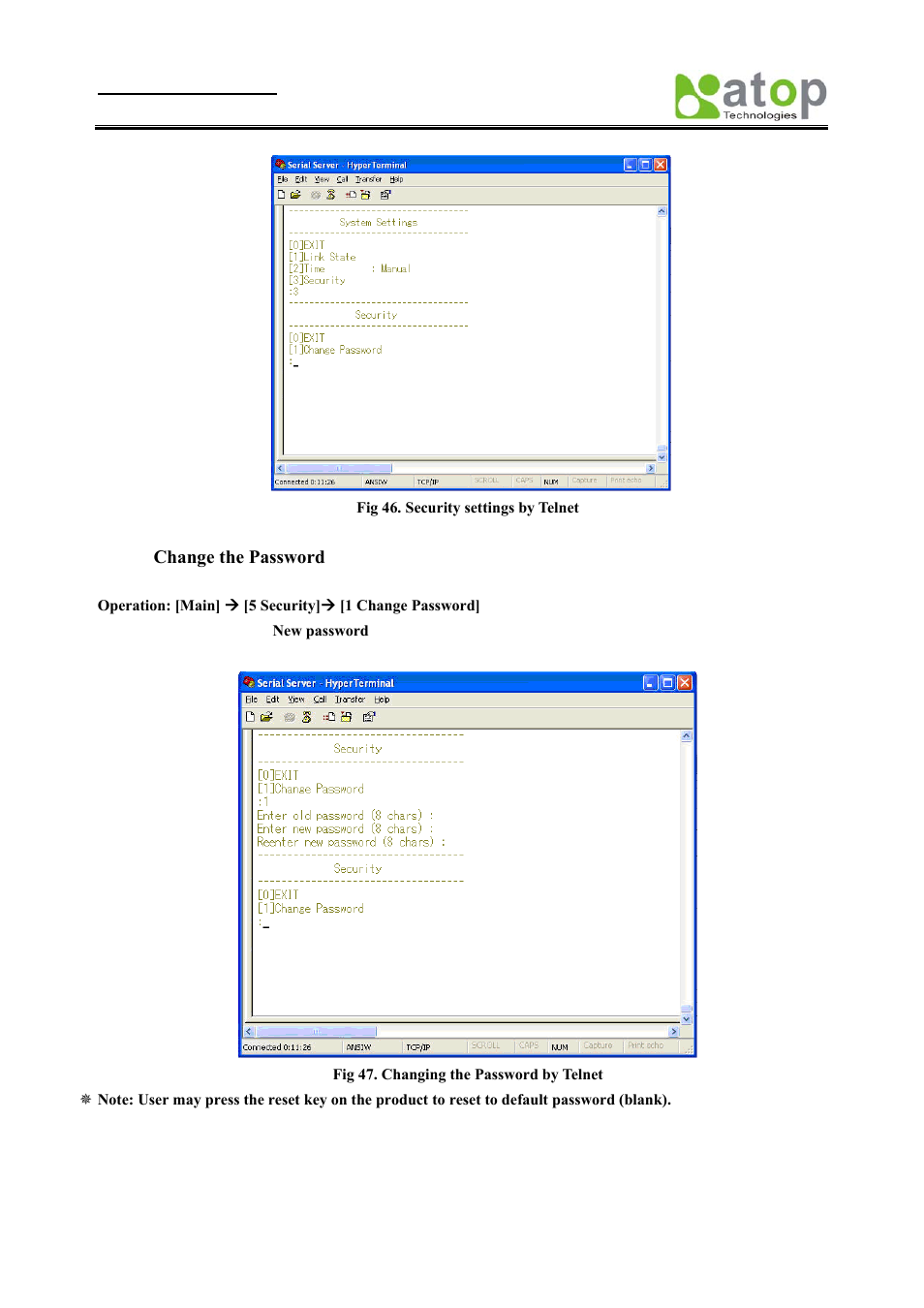 Change the password, Telnet configuration, Sectio | Atop Technology SE8502-M12 User Manual User Manual | Page 36 / 62