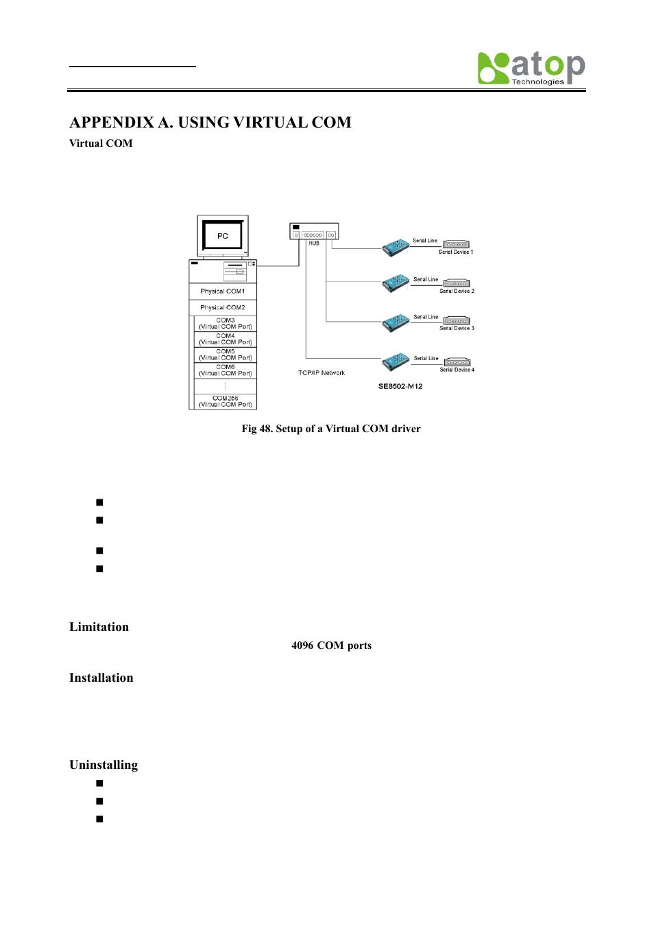 Installation, Equirements, Pplying to the | Se8502-m12, Appendix a. using virtual com | Atop Technology SE8502-M12 User Manual User Manual | Page 37 / 62