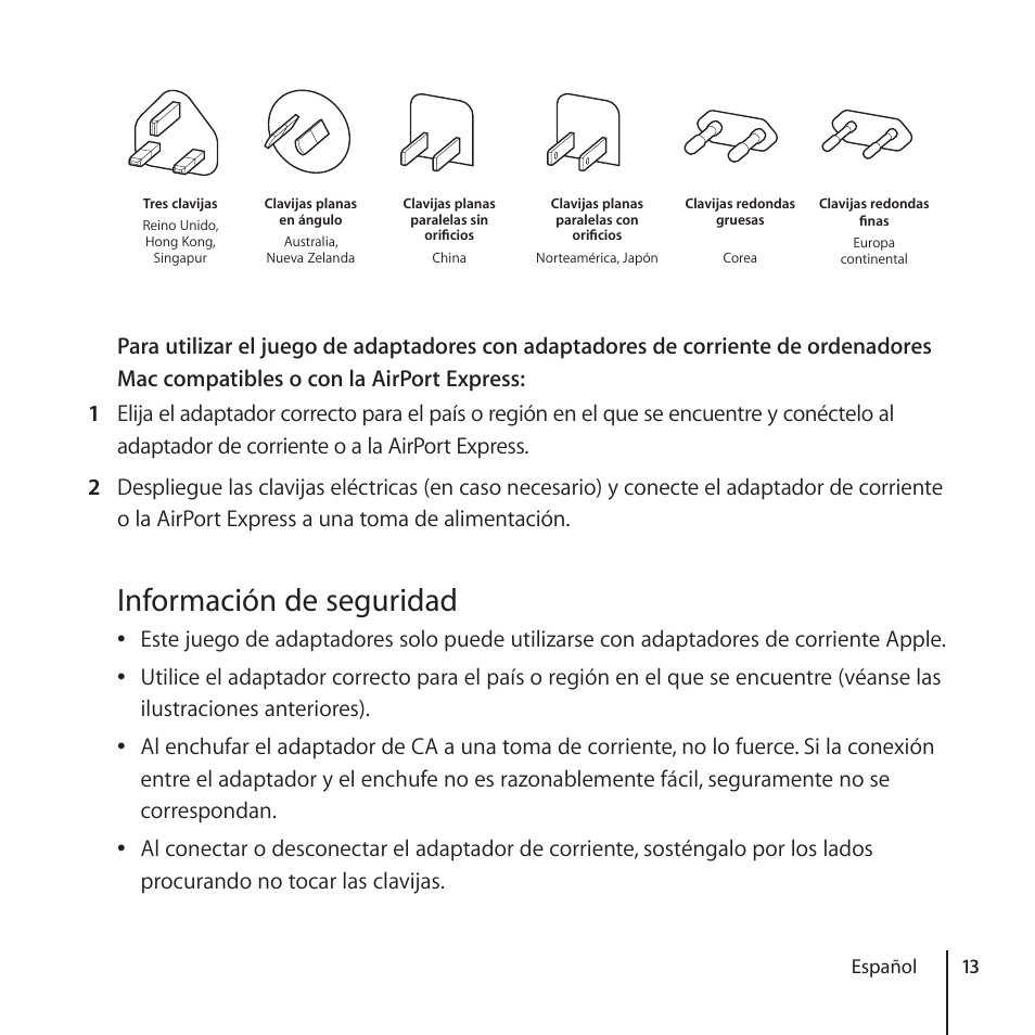 Información de seguridad, Procurando no tocar las clavijas | Apple World Travel Adapter User Manual | Page 13 / 20