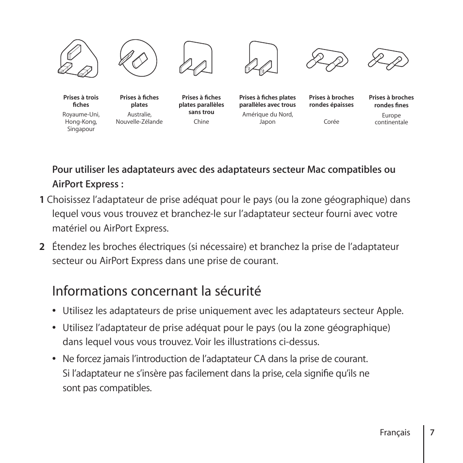 Informations concernant la sécurité | Apple World Travel Adapter User Manual | Page 7 / 20