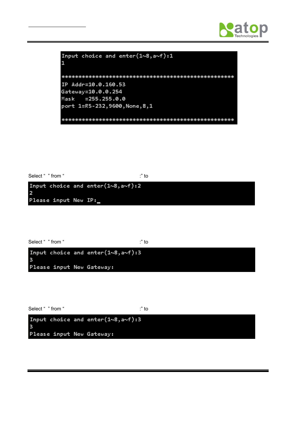 2 ip setup, 3 gateway setup, 4 subnet mask setup | Atop Technology MB5001C User Manual User Manual | Page 13 / 46
