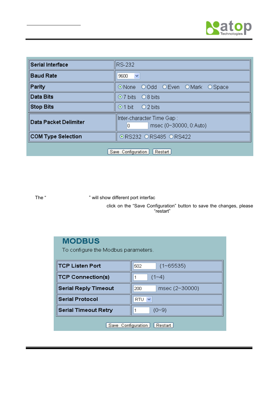 4 configure com1 settings, 5 modbus settings | Atop Technology MB5001C User Manual User Manual | Page 20 / 46