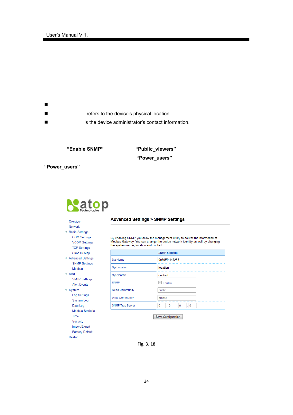 6 advanced settings, 1 snmp settings, Advanced settings | Snmp settings | Atop Technology MB5416A2 User manual User Manual | Page 37 / 84
