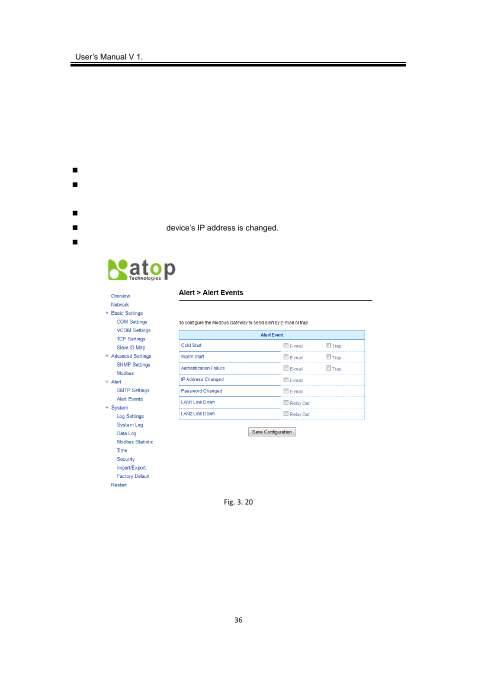 7 alert configuration, 1 smtp and email settings, Alert configuration | Smtp and email settings | Atop Technology MB5416A2 User manual User Manual | Page 39 / 84
