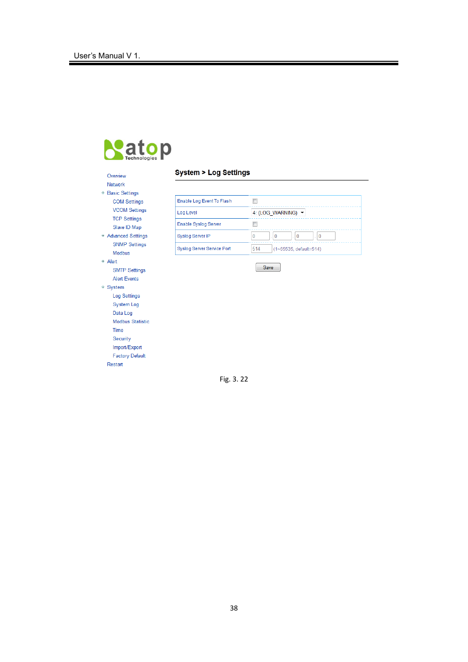 8 system, 1 log settings, System | Log settings | Atop Technology MB5416A2 User manual User Manual | Page 41 / 84
