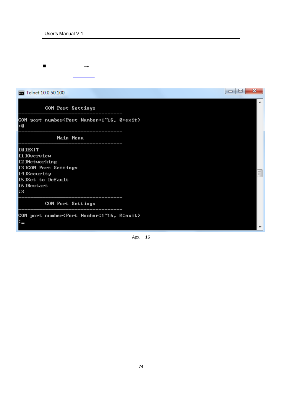 Com port configuration: telnet | Atop Technology MB5416A2 User manual User Manual | Page 77 / 84