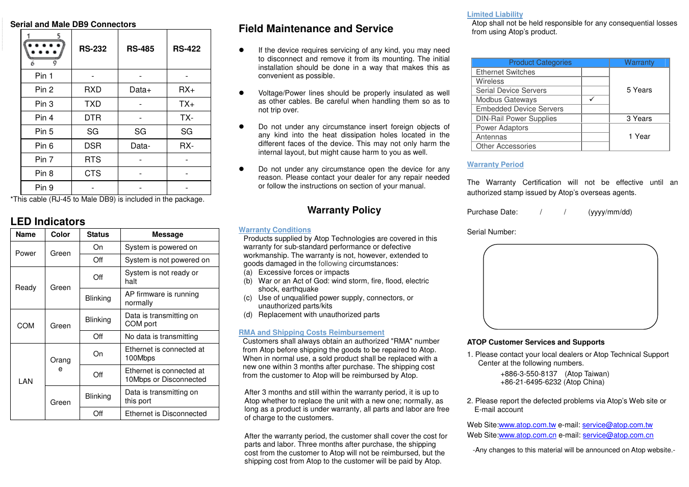 Led indicators, Field maintenance and service | Atop Technology MB5416A2 Quick Start User Manual | Page 2 / 2