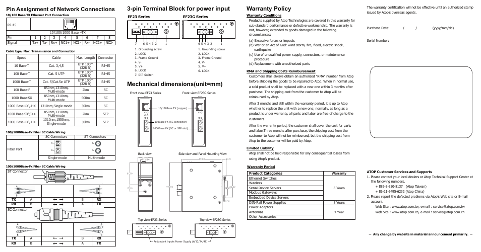 Warranty policy, Pin assignment of network connections | Atop Technology EF23G-1G User Manual | Page 2 / 2