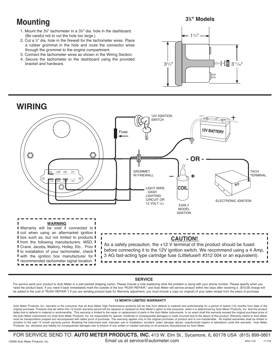 Wiring mounting, Models, Caution | For service send to: auto meter products, inc, Coil | Auto Meter 1316 User Manual | Page 2 / 2