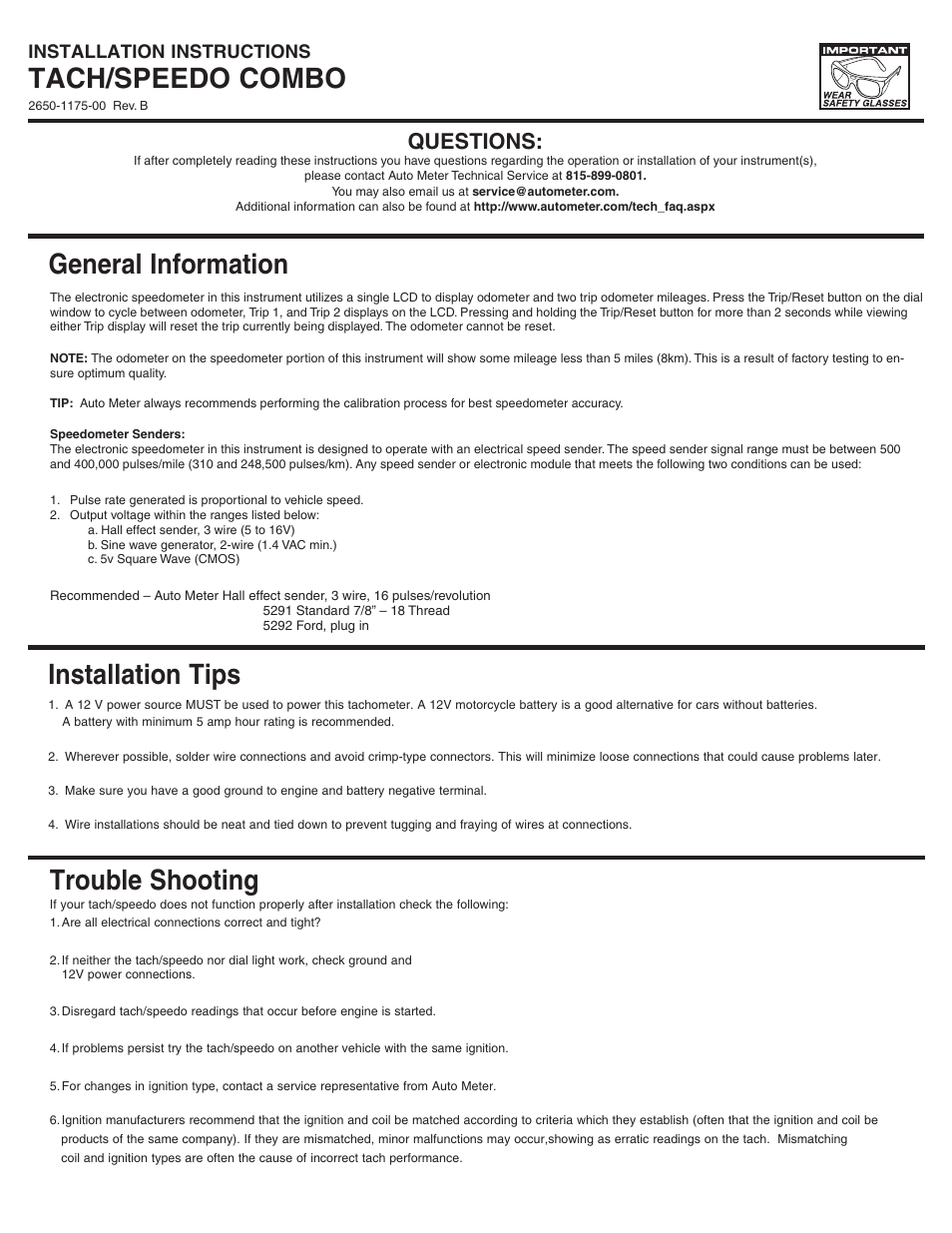 Auto Meter 1290 User Manual | 3 pages