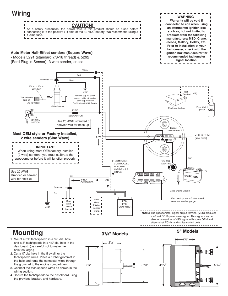 Mounting, Wiring, Models | Caution, 5" models, Warning | Auto Meter 1290 User Manual | Page 2 / 3