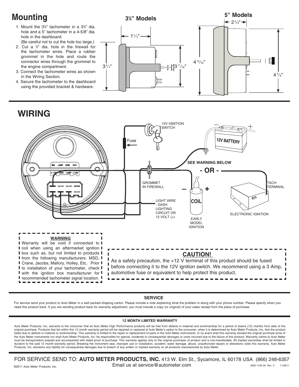 Wiring mounting, Caution, 5" models | Models, For service send to: auto meter products, inc, Coil | Auto Meter 1297 User Manual | Page 2 / 2