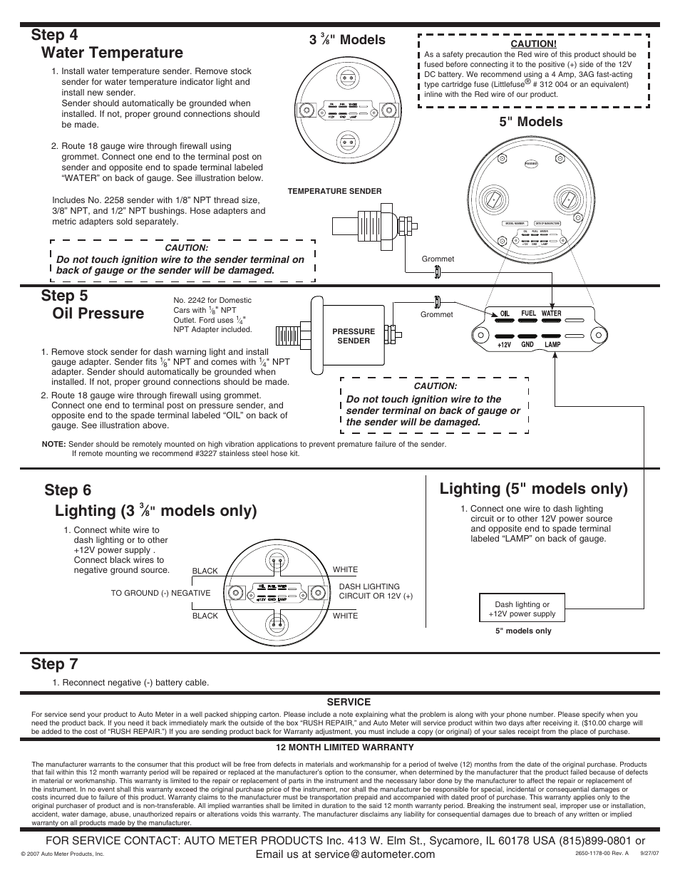 Oil pressure water temperature, Step 4, Step 5 | Lighting (5" models only) step 6, Step 7, Lighting (3, Models only), 5" models 3, Models | Auto Meter 1210 User Manual | Page 2 / 2
