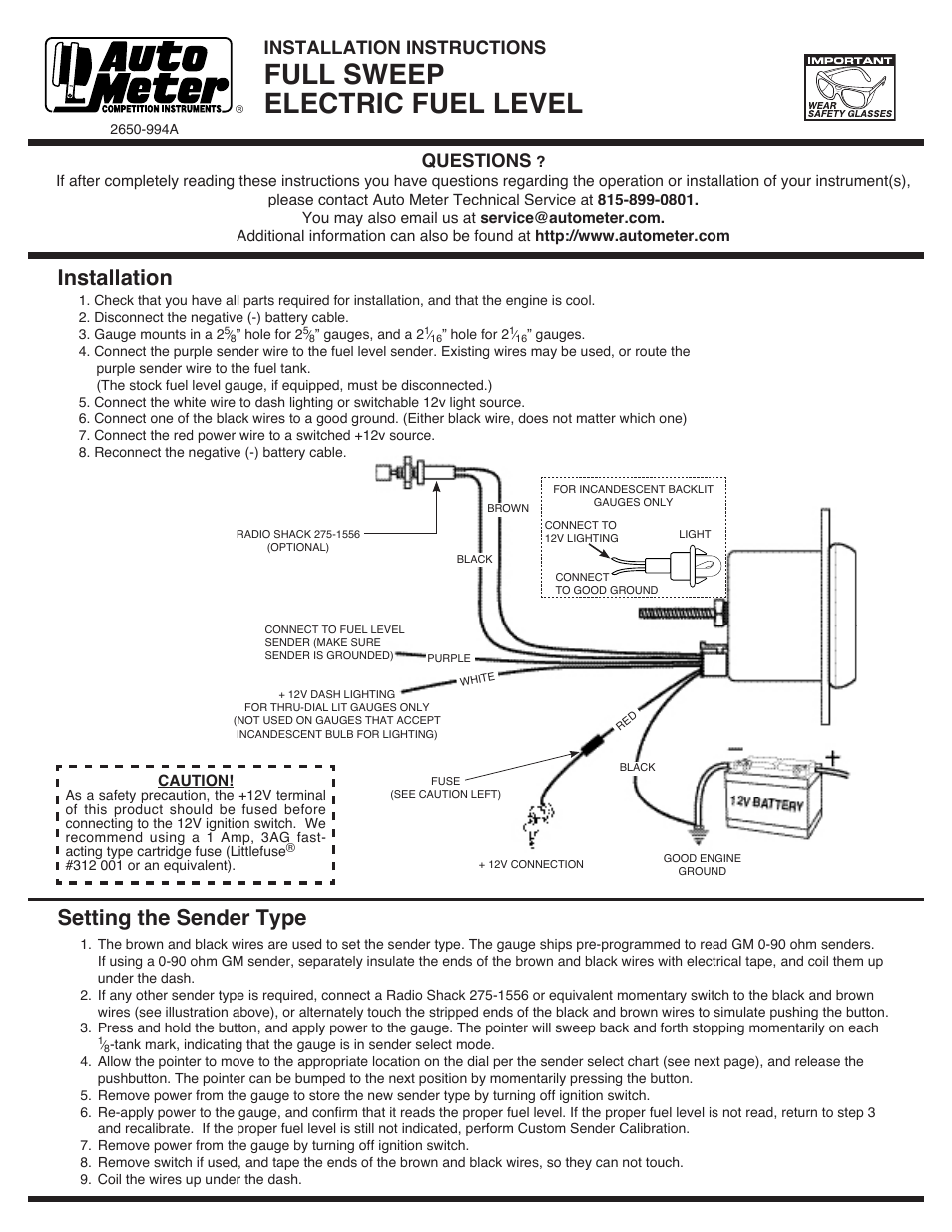 Auto Meter 880013 User Manual | 2 pages