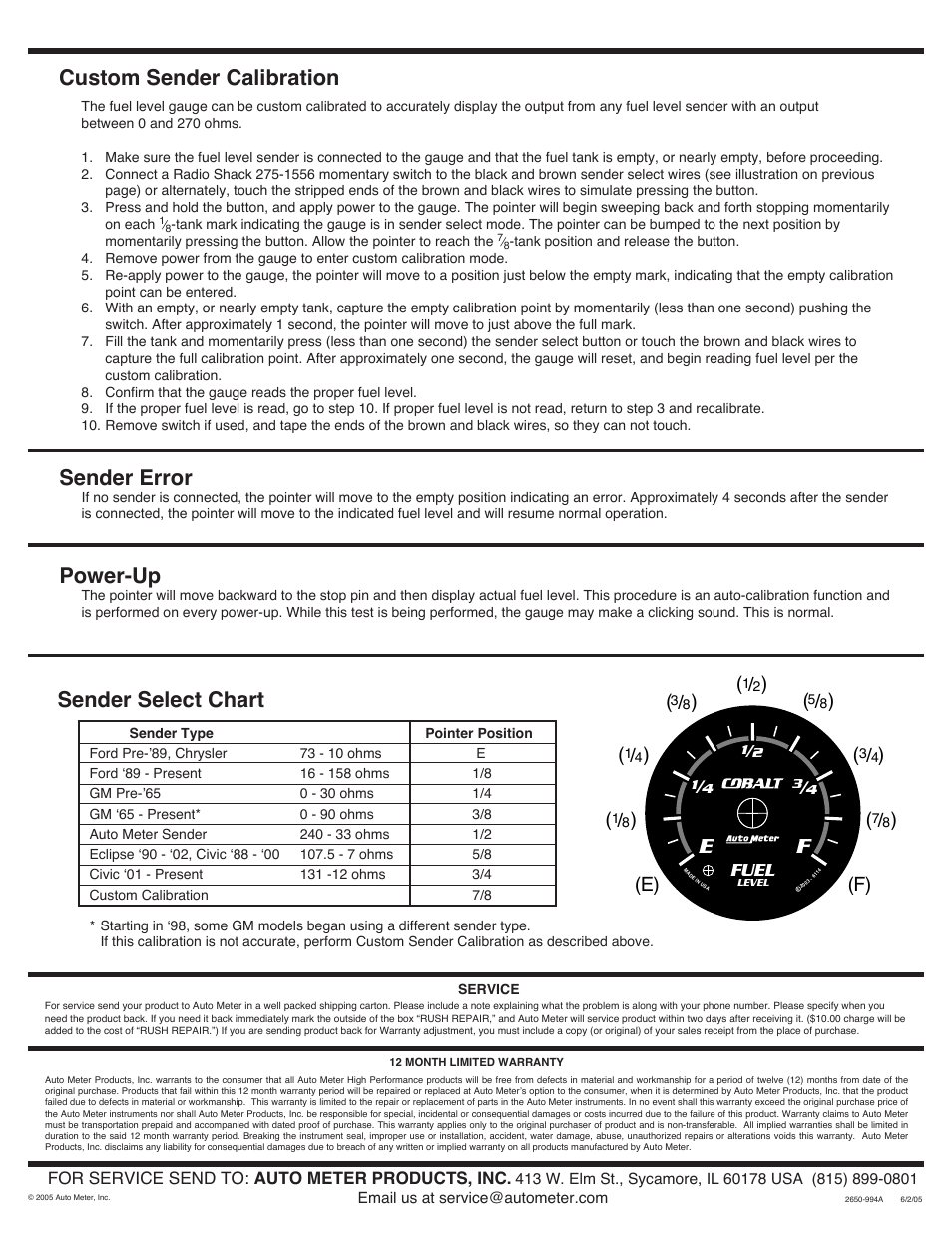 Sender select chart, Power-up, Custom sender calibration sender error | E) (f), Fuel | Auto Meter 880013 User Manual | Page 2 / 2