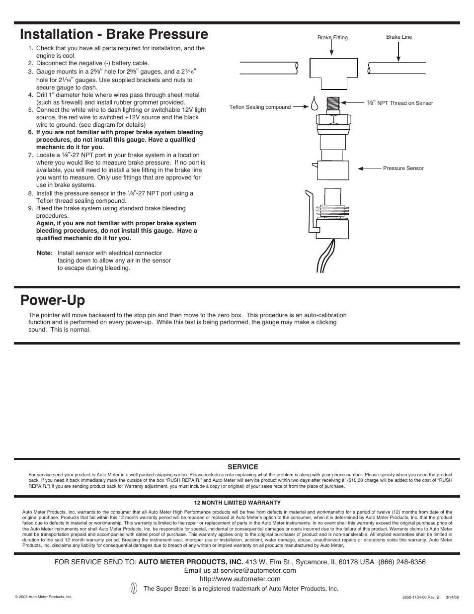 Power-up, Installation - brake pressure | Auto Meter 3674 User Manual | Page 2 / 2