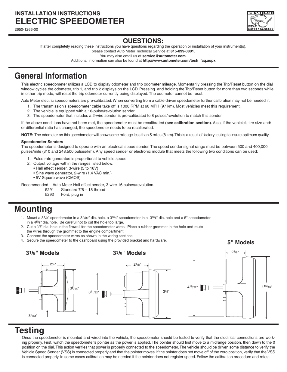 Auto Meter 1787 User Manual | 2 pages