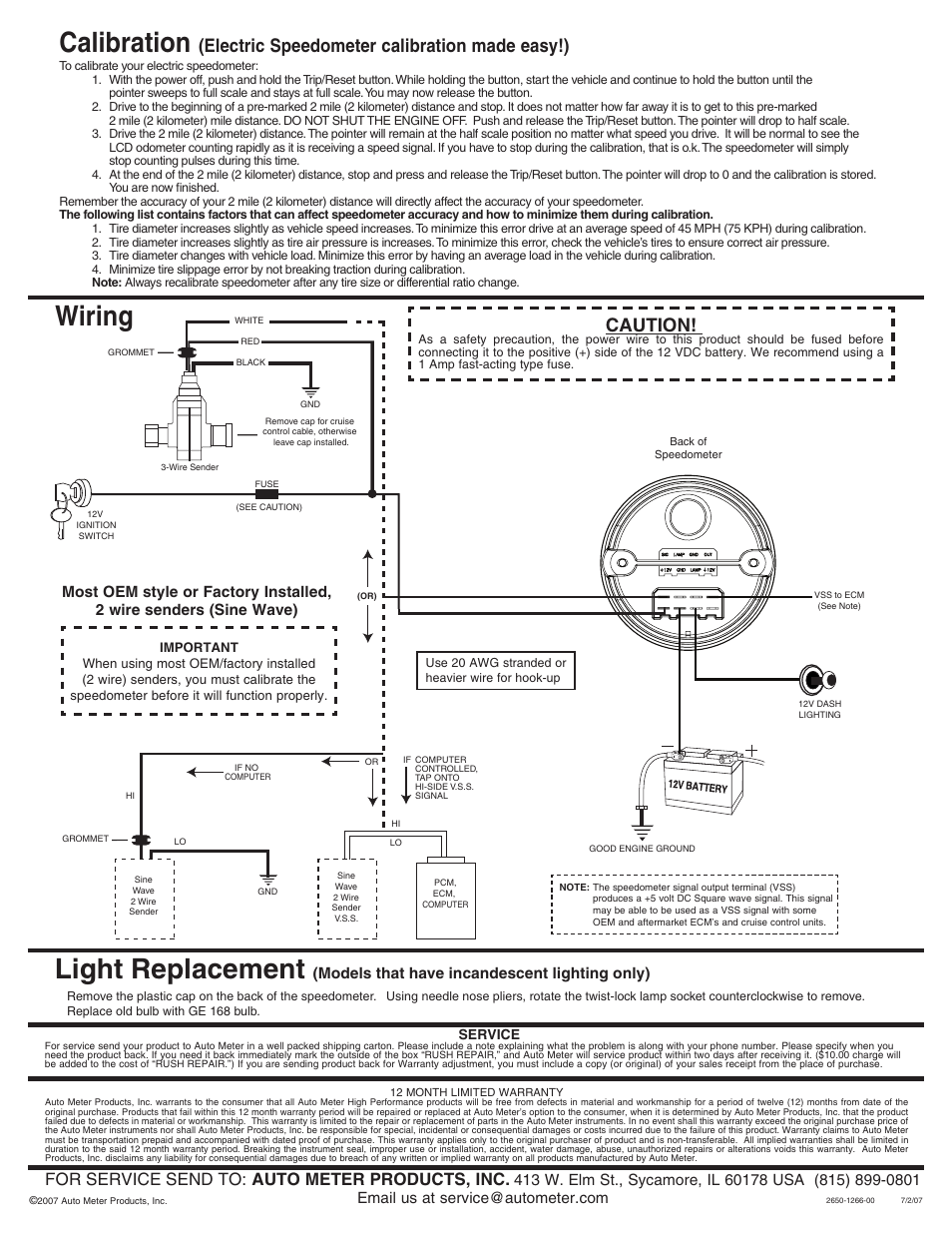 Wiring, Calibration, Light replacement | Electric speedometer calibration made easy!), Caution, For service send to: auto meter products, inc, Models that have incandescent lighting only) | Auto Meter 1787 User Manual | Page 2 / 2