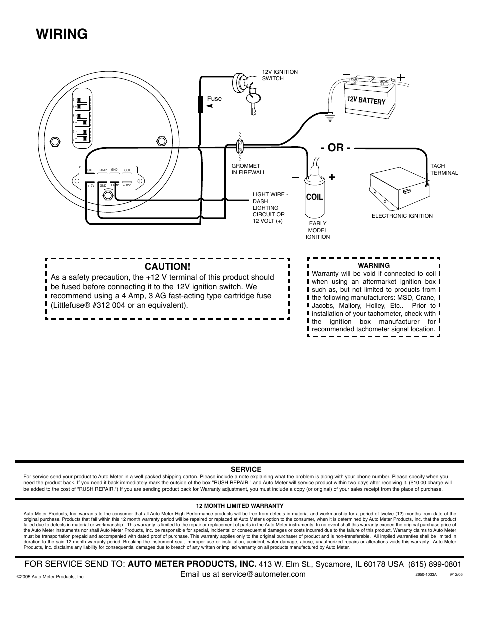 Wiring, Caution, For service send to: auto meter products, inc | Coil, Service, 12v battery | Auto Meter 1490 User Manual | Page 2 / 2