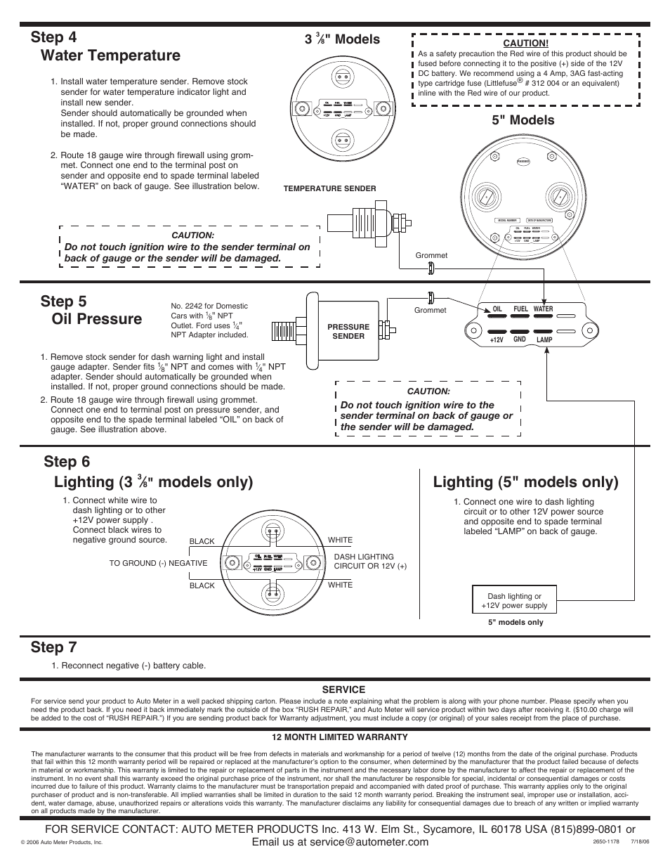 Oil pressure water temperature, Step 4, Step 5 | Lighting (5" models only) step 6, Step 7, Lighting (3, Models only), 5" models 3, Models | Auto Meter 1110 User Manual | Page 2 / 2
