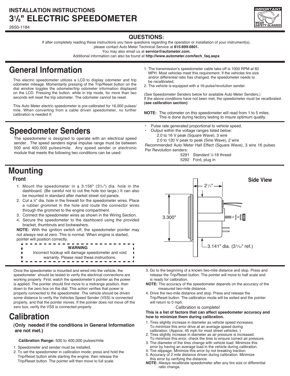 Auto Meter 1302 User Manual | 2 pages