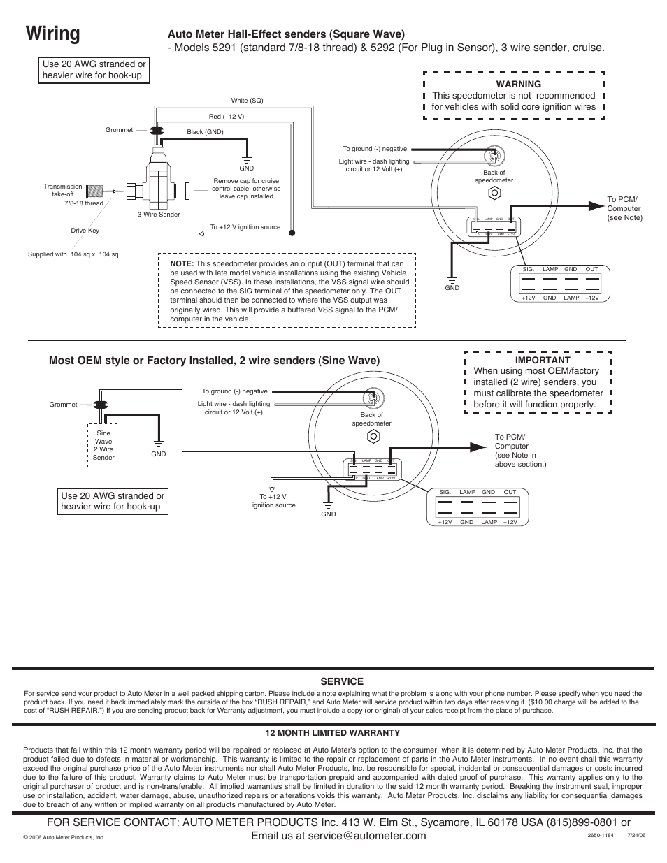 Wiring, Service | Auto Meter 1302 User Manual | Page 2 / 2