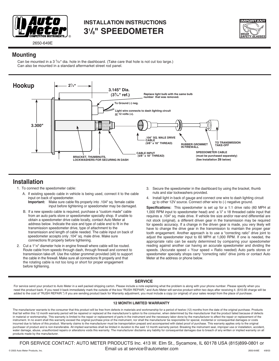 Auto Meter 1796 User Manual | 1 page