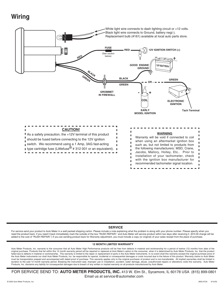 Wiring, For service send to: auto meter products, inc | Auto Meter 1797 User Manual | Page 2 / 2