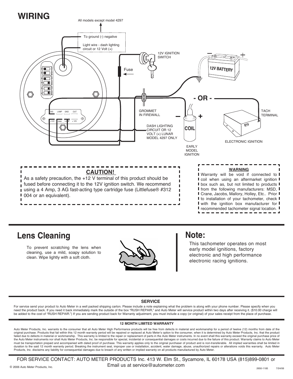 Lens cleaning, Wiring, Caution | Coil | Auto Meter 5898 User Manual | Page 2 / 2