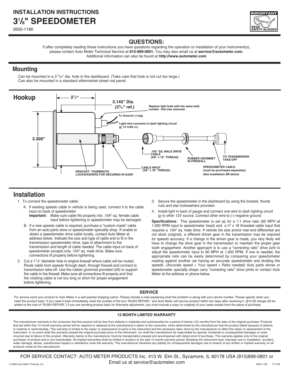 Auto Meter 1300 User Manual | 1 page