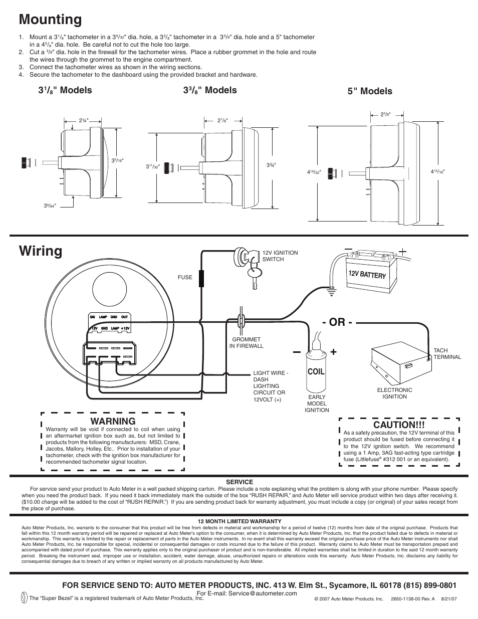Mounting, Wiring, Caution | Warning, Models 3, Models 5" models, Coil | Auto Meter 1398-00408 User Manual | Page 2 / 2