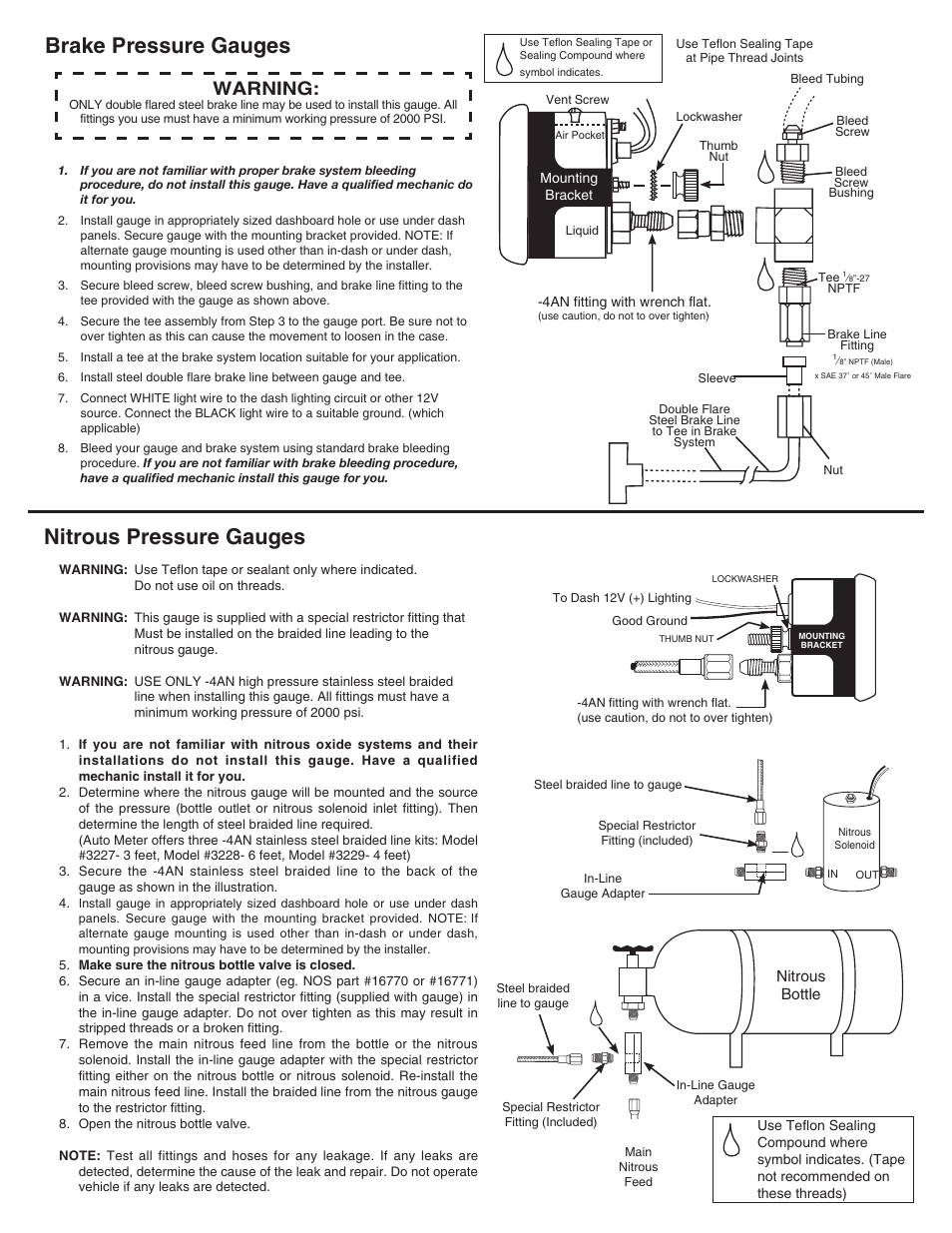 Brake pressure gauges, Nitrous pressure gauges, Warning | Auto Meter 4511 User Manual | Page 3 / 4