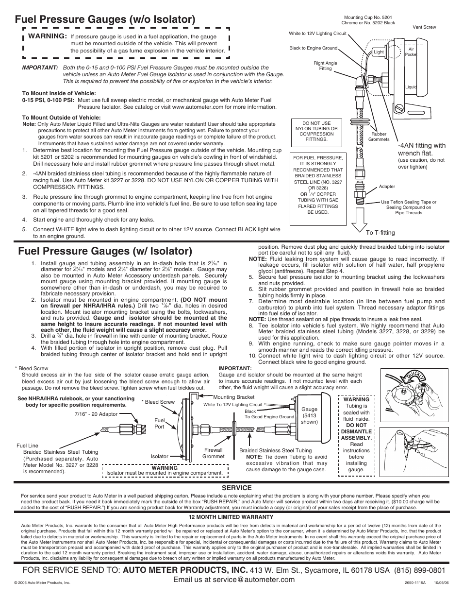 Fuel pressure gauges (w/o isolator), Fuel pressure gauges (w/ isolator), For service send to: auto meter products, inc | Service, Warning, 4an fitting with wrench flat | Auto Meter 4511 User Manual | Page 4 / 4