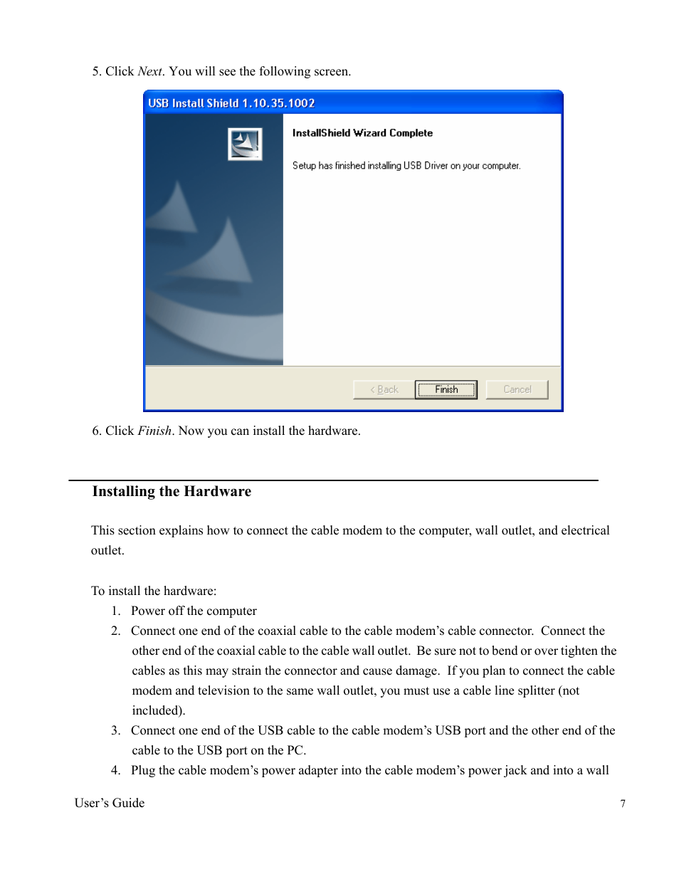 Installing the hardware | Ambit Data Cable Modem U10C011 User Manual | Page 7 / 30