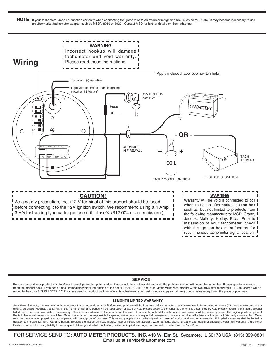 Wiring, Caution, For service send to: auto meter products, inc | Coil, Service, 12v battery | Auto Meter 1798 User Manual | Page 2 / 2