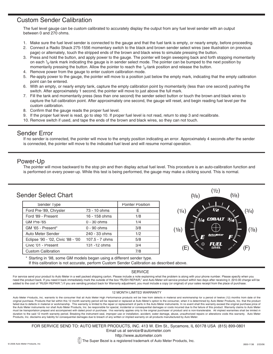 Sender select chart, Power-up, Custom sender calibration sender error | E) (f), Fuel | Auto Meter 3810 User Manual | Page 2 / 2