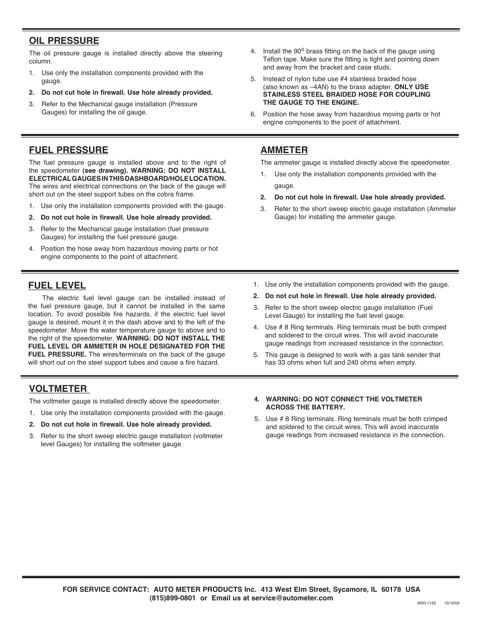 Oil pressure, Fuel pressure, Ammeter | Fuel level, Voltmeter | Auto Meter 201975 User Manual | Page 2 / 2