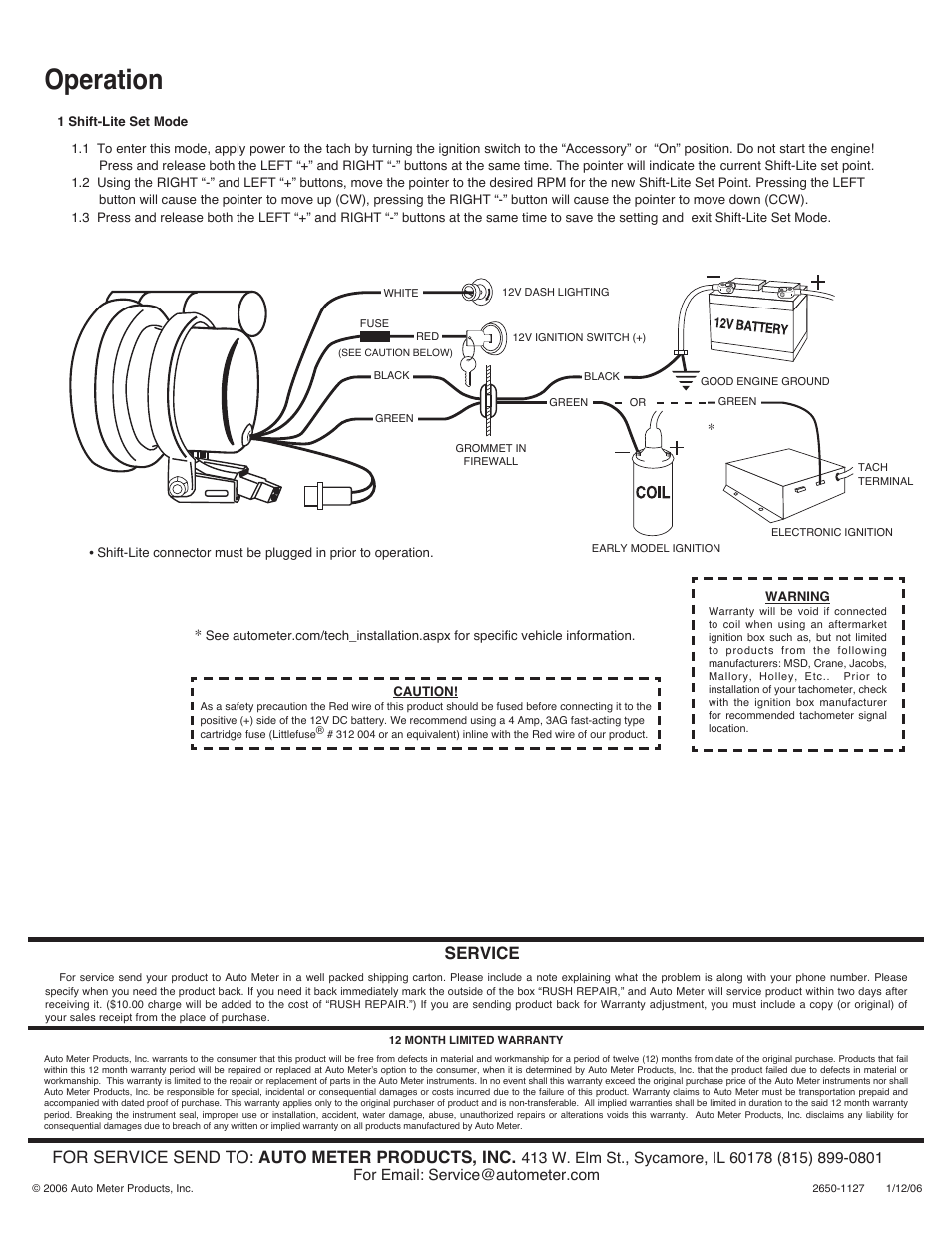 Operation, For service send to: auto meter products, inc, Service | Auto Meter 4990 User Manual | Page 2 / 2