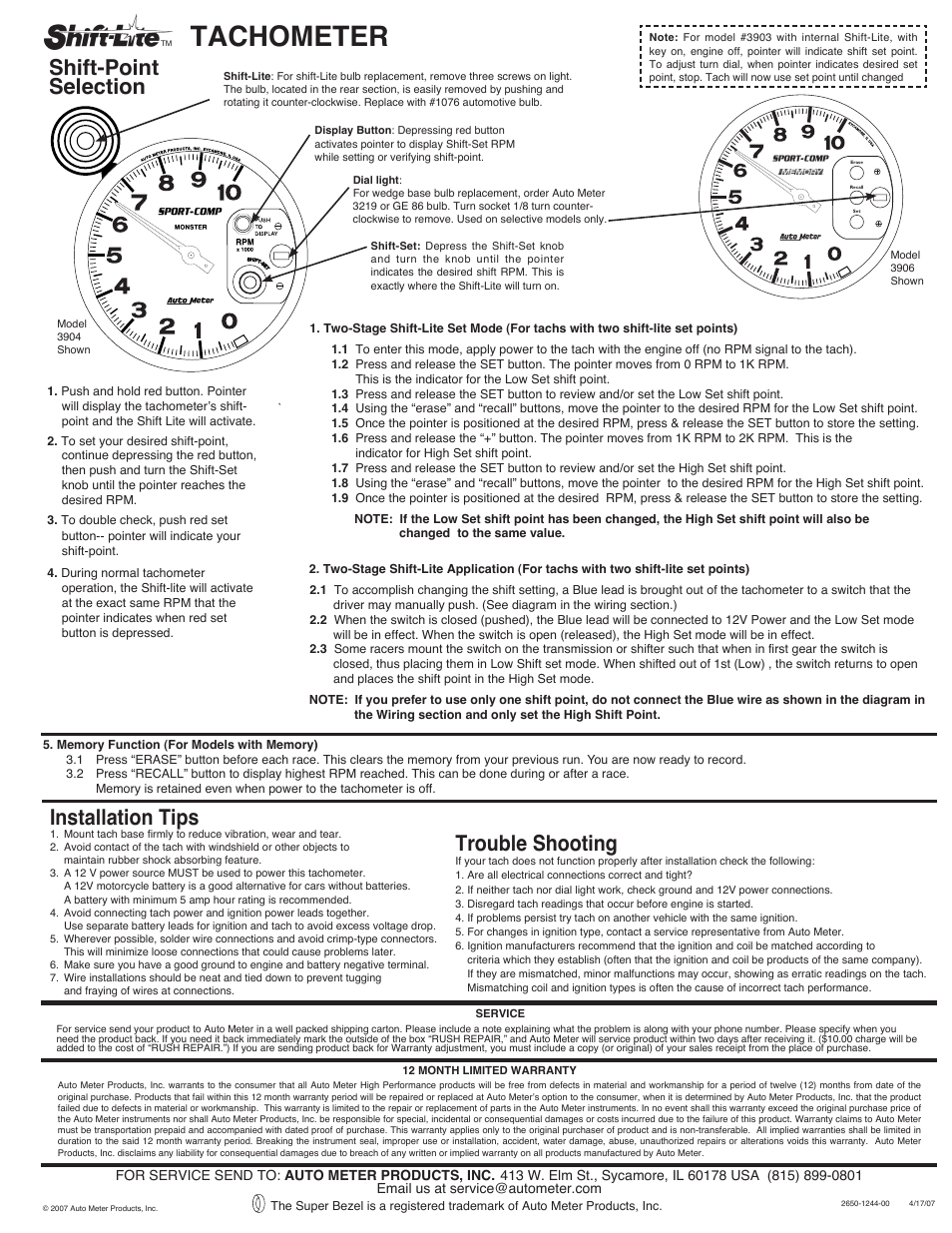 Tachometer, Shift-point selection, Installation tips | Trouble shooting | Auto Meter 4999 User Manual | Page 3 / 3