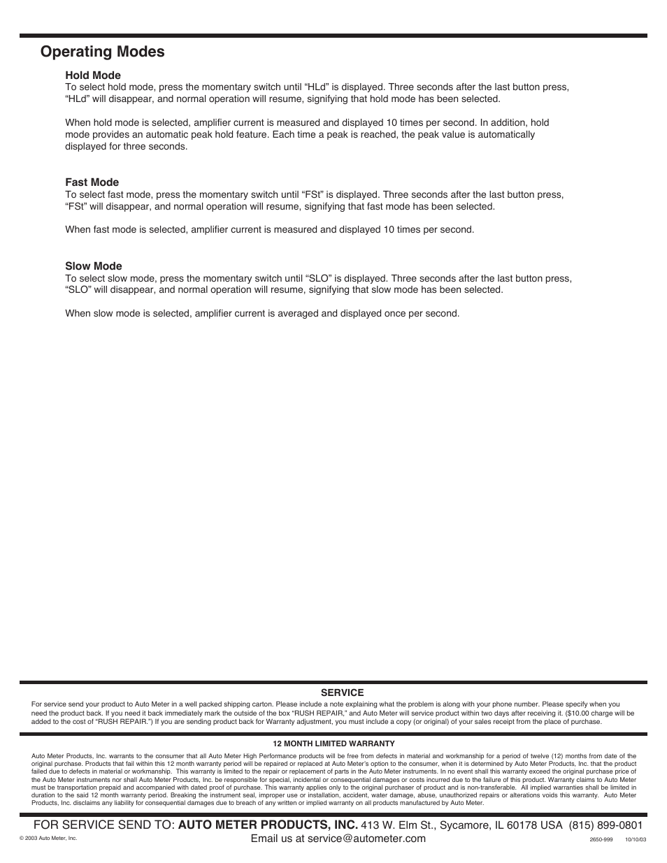 Operating modes, For service send to: auto meter products, inc | Auto Meter 6390 User Manual | Page 2 / 2